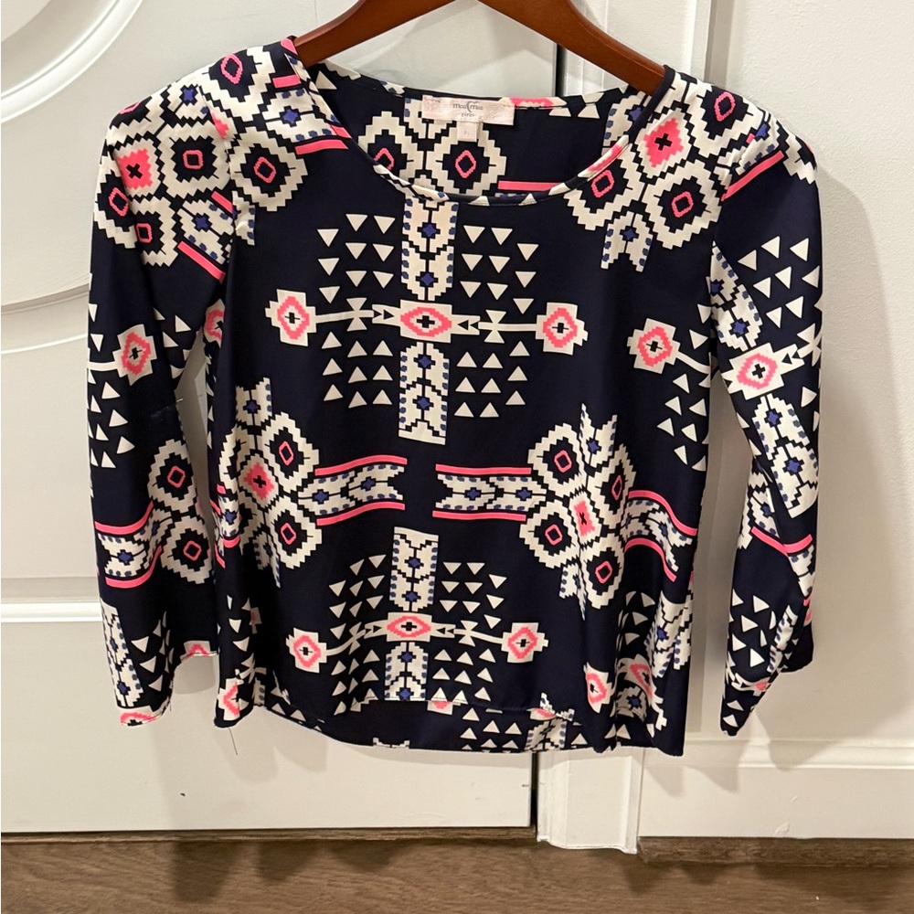 Moa Moa Navy and Pink Geometric Long Sleeve Top